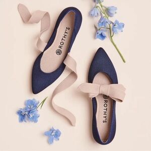 Rothy’s The Point Mary Jane Flat In Sapphire Blue/ Pink Bow